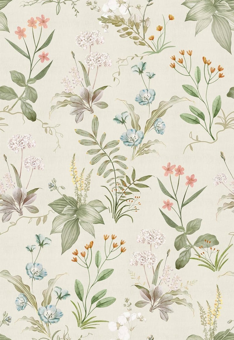 Simon&Siff Vintage Wallpaper Peel and Stick Beige Floral Contact Paper Wildflowers Botanical Wall Paper Removable Renter Friendly Wallpaper 17.3" x 1200" - Image 1